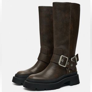 SOLD Brown Zara Buckled Flat Lug Sole Boots — Size 5
